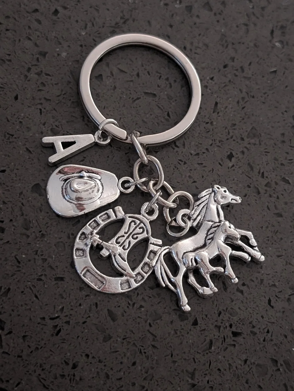 Silver Western Horse & Horseshoe Keychain with Initial 